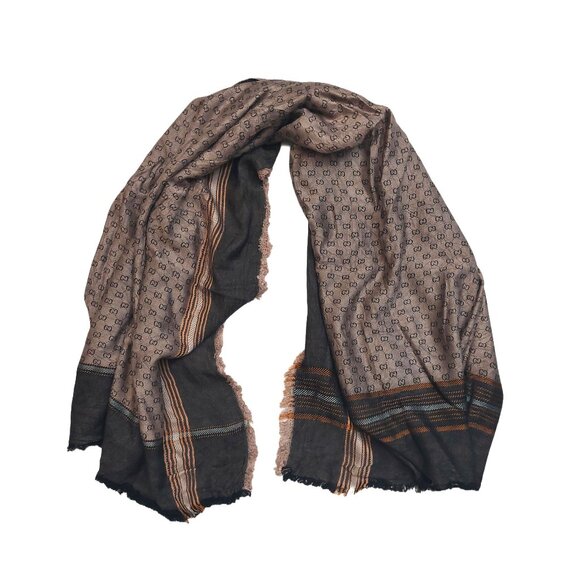 Gucci Vintage Brown Dual-Tone Monogram Orange Stripe Reversible Shawl Wrap Scarf - Picture 1 of 16
